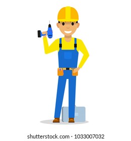 Vector illustration of a cartoon man builder with a screwdriver. Isolated on white background. Worker in working form with a construction tool. Flat design.