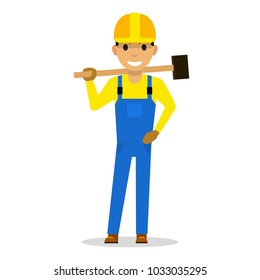 Vector illustration of a cartoon man builder with a sledgehammer. Isolated on white background. Worker in working form with a construction tool. Flat design.