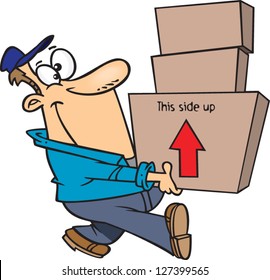 A vector illustration of cartoon man carrying paper boxes