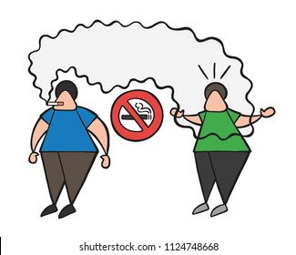Vector illustration cartoon man character smoking cigarette where smoking is prohibited and other man angry.