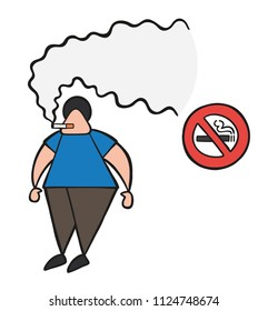 Vector illustration cartoon man character smoking cigarette beside no smoking sign.