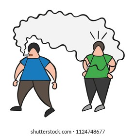 Vector illustration cartoon man character walking and bothering other man with smoke of cigarette.