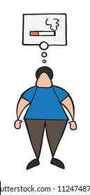 Vector illustration cartoon man character standing and thinking smoking cigarette with thought bubble.