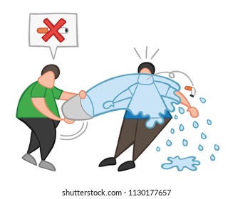 Vector illustration cartoon man character throw water with bucket to smoker and say no smoking cigarette here.