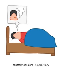 Vector illustration cartoon man character sleeping and smoking cigarette in his dream.