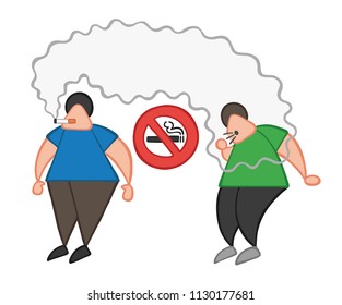 Vector illustration cartoon man character smoking cigarette where smoking is prohibited and other man coughing.