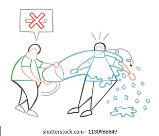 Vector illustration cartoon man character throw water with bucket to smoker and say no smoking cigarette here.