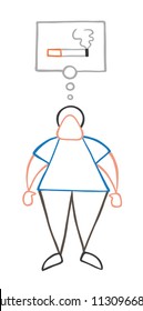 Vector illustration cartoon man character standing and thinking smoking cigarette with thought bubble.