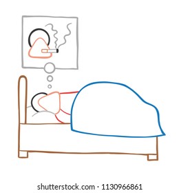 Vector illustration cartoon man character sleeping and smoking cigarette in his dream.