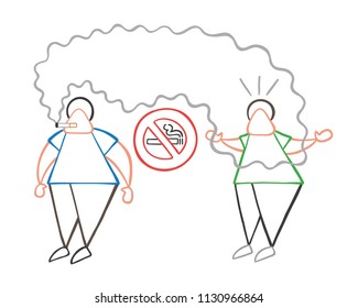 Vector illustration cartoon man character smoking cigarette where smoking is prohibited and other man angry.