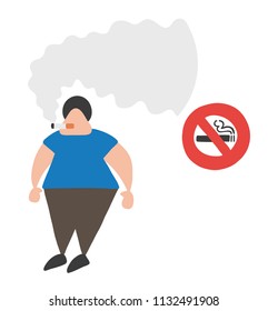 Vector illustration cartoon man character smoking cigarette beside no smoking sign.