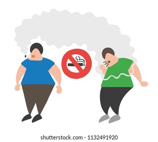 Vector illustration cartoon man character smoking cigarette where smoking is prohibited and other man coughing.