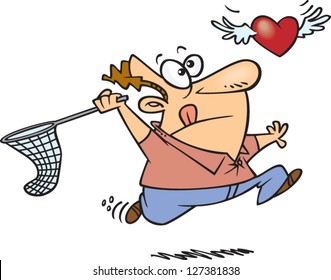 A vector illustration of cartoon man chasing after a flying heart with a butterfly net