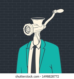 Vector Illustration Cartoon Man Consumer Head Meat Grinder
