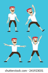 Vector illustration of cartoon man demonstrating stretching exercises isolated on blue background.