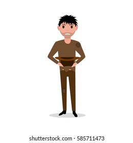 Vector illustration cartoon man dirty indigent beggar, homeless. Isolated white background. Poor guy begging. Unemployed, jobless male. Flat style design. Man bum.