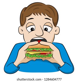 vector illustration of a cartoon man eating a hamburger