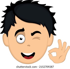 Vector illustration of a cartoon man face with an ok or perfect gesture with his hand and winking