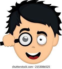Vector illustration of a cartoon man face using a magnifying glass