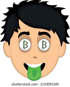 Vector illustration of a cartoon man face with eyes and tongue with bitcoin symbol