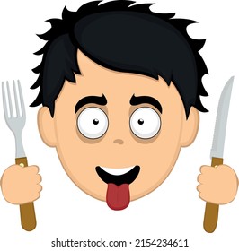 Vector illustration of a cartoon man face with a hungry expression, with his tongue out, with a knife and fork in his hands