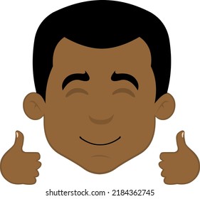 Vector illustration of a cartoon man face, with a happy expression and his hands with thumbs up