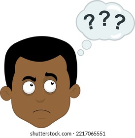 Vector illustration of a cartoon man face with a thinking or doubt expression, with a thought cloud with question marks