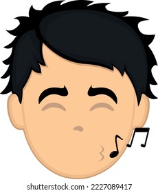 vector illustration of a cartoon man face whistling with music notes coming out of his lips