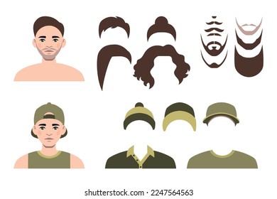 Vektorgrafik eines Zeichentrickkünstlers Gesicht mit Kleidung und Frisuren, männliche Gesichtkonstruktor, Charaktergenerator.