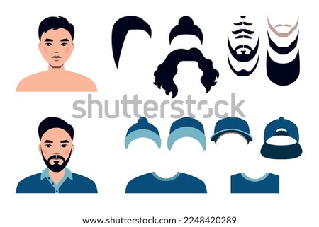 Vector illustration of a cartoon man face with clothes and hairstyles, male face constructor, character generator.