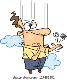 A vector illustration of cartoon man falling and rolling dice