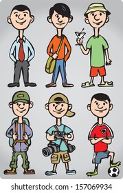 Vector illustration of Cartoon man figures in various leisure activities. Easy-edit layered vector EPS10 file scalable to any size without quality loss. High resolution raster JPG file is included.