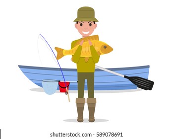 Vector illustration cartoon man fisherman holding big fish. Guy caught a big river fish on a  boat. Flat style. 