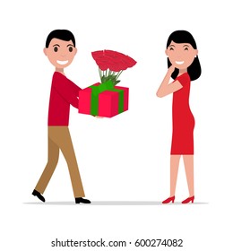 Vector illustration of a cartoon man gives gift and flowers to a woman. Isolated white background. Flat style. Boyfriend gives a bouquet of flowers and present box to a girlfriend in love.