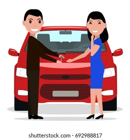 Vector illustration of a cartoon man giving car keys to a woman. Isolated white background. The guy gives the girl a auto. A woman is buying a car. Flat style.