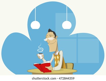 Vector illustration of cartoon man in glasses reading book.