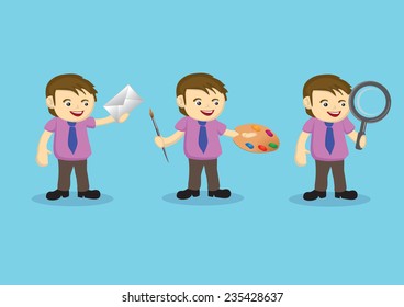 Vector illustration of a cartoon man holding different tools in different jobs