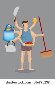 Vector illustration of cartoon man in home clothes with many hands holding different household items isolated on grey background.