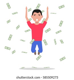 Vector illustration cartoon man jumping for joy at the falling paper money. Happy boy won a prize, winning the lottery. Flat style. Male under the rain of cash. Guy millionaire.