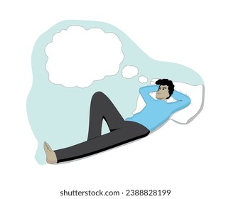 ilustración vectorial de una caricatura de un hombre con una camisa azul claro con pantalones negros tendidos relajándose en una almohada mientras piensa o fantasiaba con algo marcado con un texto blanco y en blanco 