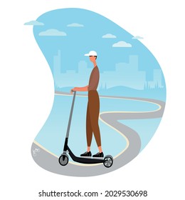 vector illustration of a cartoon. a man on a walk in the park rides a scooter. Bike path, city, recreation. It is used for banners, posters, websites, applications and design