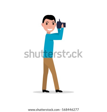 Vector illustration cartoon man with a photo camera. Isolated on white background. Photographer holding a photo device. Flat style. 