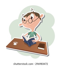 vector illustration of cartoon man reading a book.