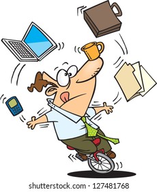 A Vector Illustration Of Cartoon Man Riding A Unicycle And Juggling Office Equipment