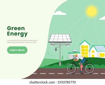 Vector Illustration Of Cartoon Man Riding Bicycle With Solar Panels, House And Sunshine For Renewable Green Energy Concept.