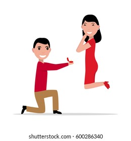 Vector illustration cartoon man with ring makes an offer to a woman to marry. Proposal of marriage. Flat style. Boyfriend is standing on knee with box ring, girlfriend jumping with happiness.