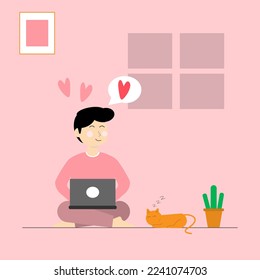 Vector illustration cartoon man sitting using laptop with cat in living room feels falling love cpncept