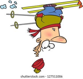 A vector illustration of cartoon man skiing upside down