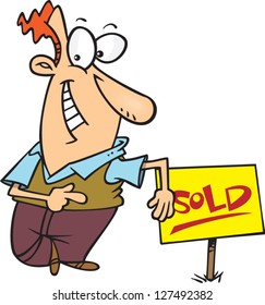 A vector illustration of cartoon man standing next to a sign