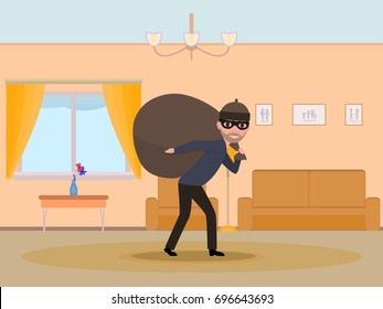 Vector illustration cartoon man thief stealing an apartment. Male in the mask carries a heavy bag with stolen things. The robber robbed the house. Flat style.